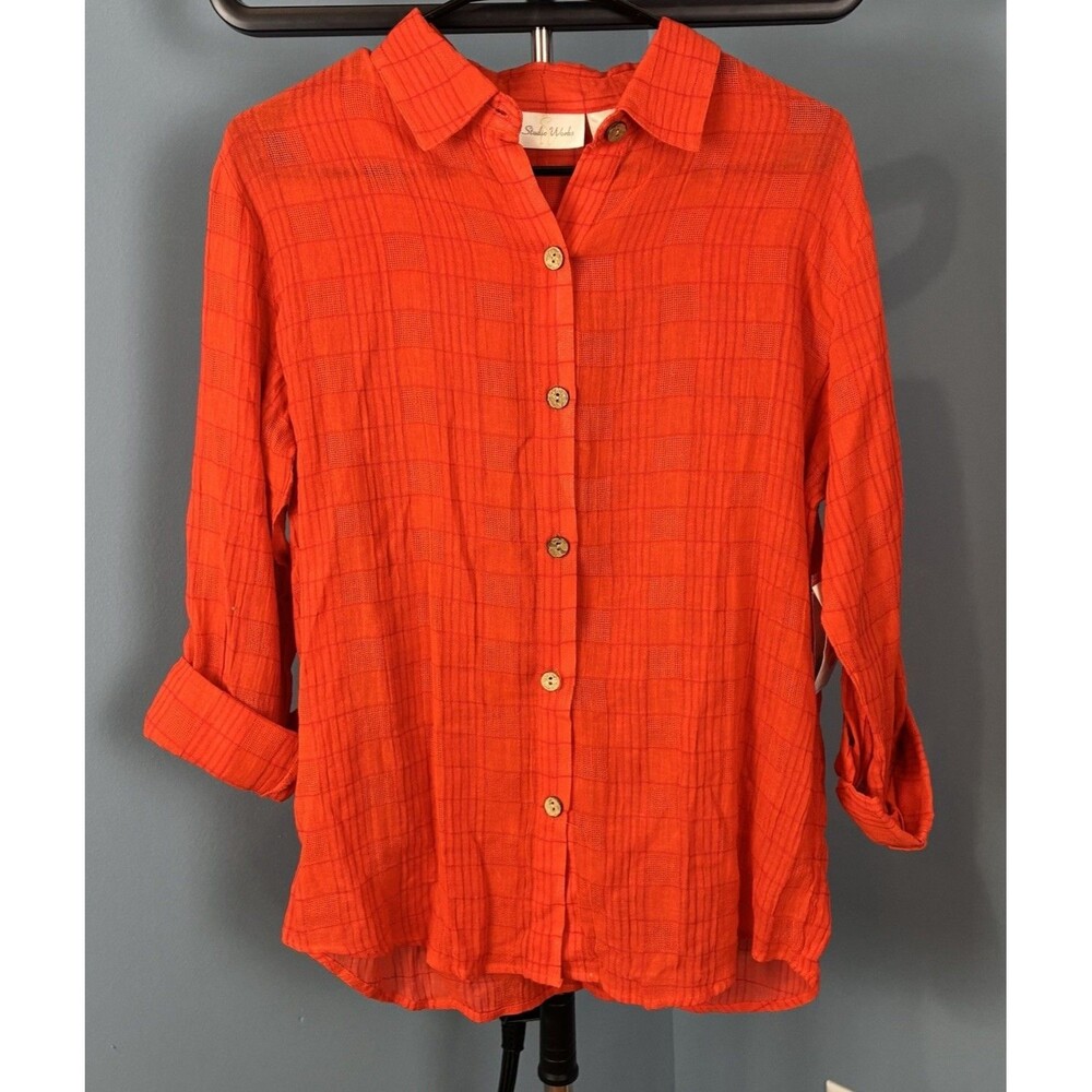 Studio Works Womenโs Bright Orange Roll Tab Sleeve Blouse Size Small NWT